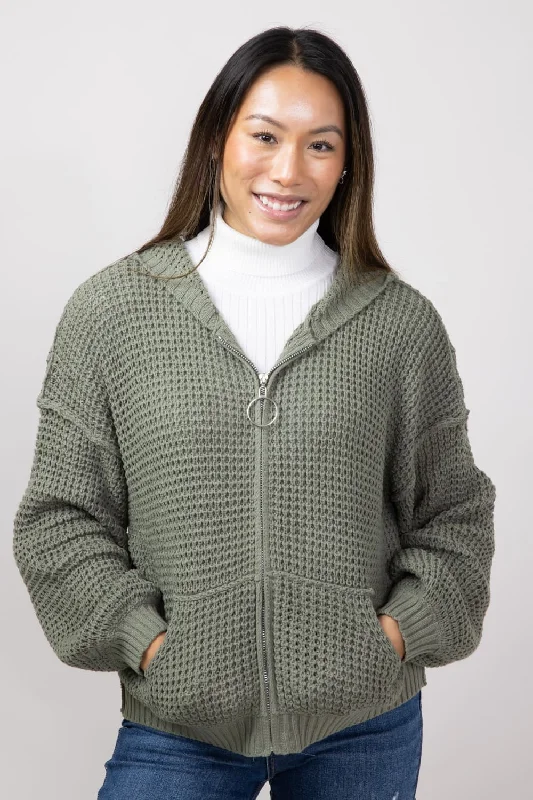 Ribbed Sweaters for Textured Look -Miracle Textured Hooded Zip Sweater for Women in Sage | 7411-SAGE