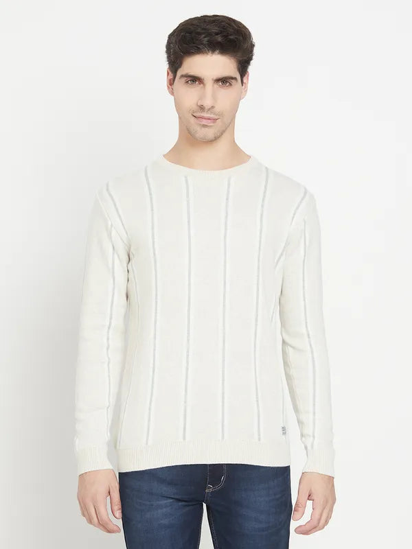 Raglan - Sleeve Sweaters for Comfort -Cream-Coloured Striped Cotton Full Sleeve Pullover Sweater