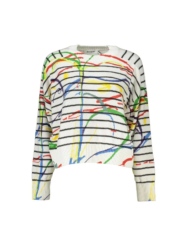 Fleece - Lined Sweaters for Warmth -Striped Abstract Print Cotton Sweater with Contrast Details