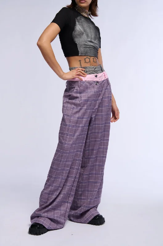 Purple Wide Leg Pants for Elegant -SPECIAL DAY PLAID AND PU WIDE LEG TROUSER