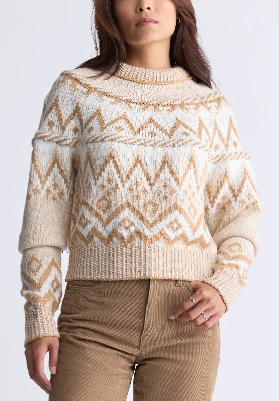 Boat Neck Sweaters for Chic Style -Lesina Women's Fair Isle Knit Pullover Sweater, Beige & Camel - SW0088F