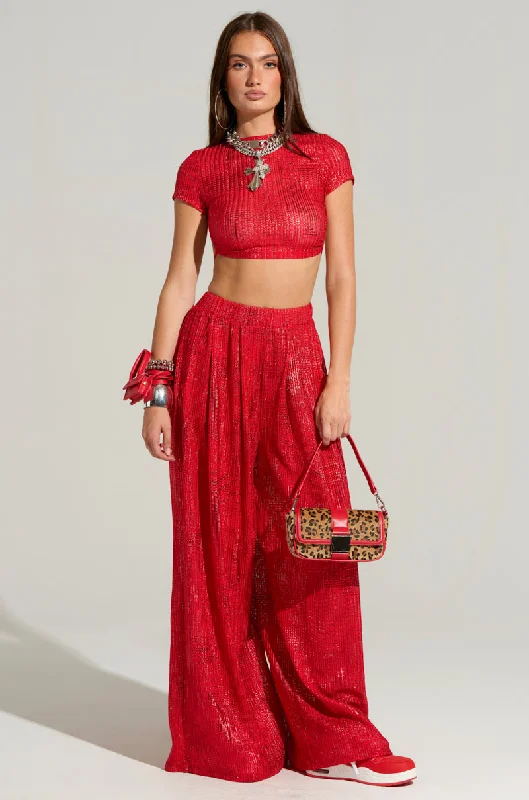 Wide Leg Pants with Pleats -JUST LIKE MAGIC METALLIC WIDE LEG PANT IN RED