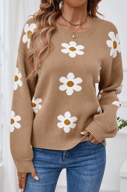 Oversized Cardigan Sweaters for Cozy Look -Floral Drop Shoulder Sweater (Tan)