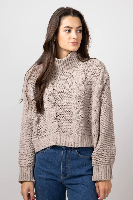 Long - Sleeve Sweaters for Full Coverage -Simply Southern Braid Cropped Sweater for Women in Tan | PP-0224-SWTR-BRAID-TAN