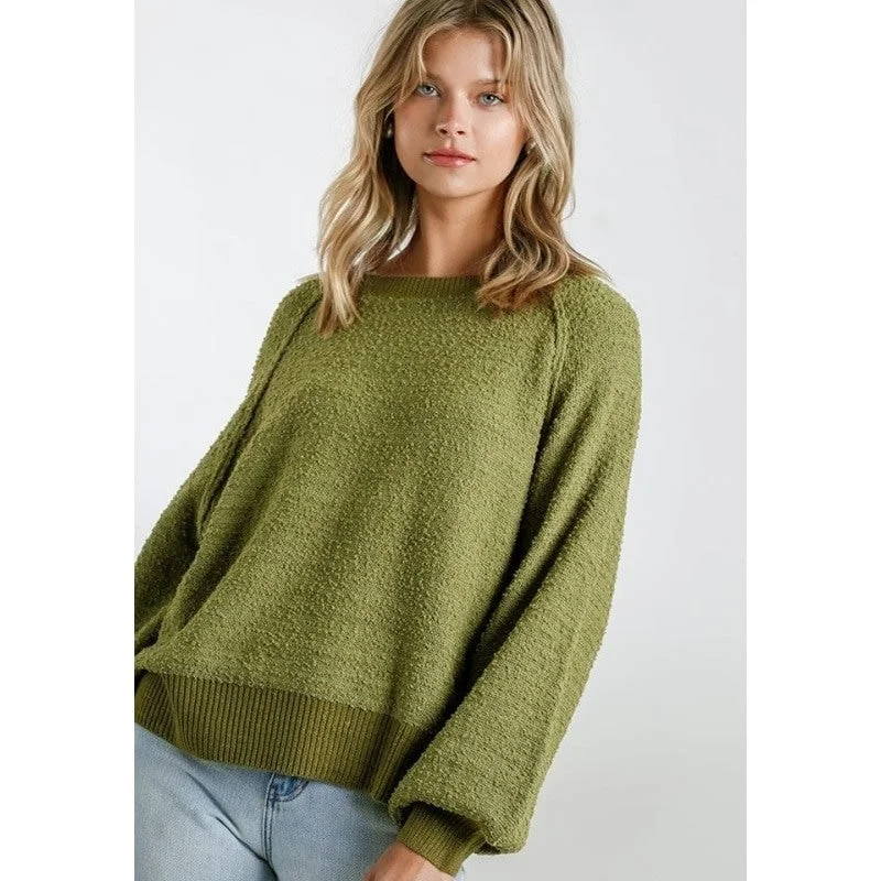 Solid Color Sweaters for Simple Elegance -Women's Light Olive Puff Long Sleeves Boat Neck Sweater Top Outerwear