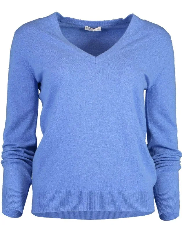 Wrinkle - Resistant Sweaters for Easy Care -Ocean Blue Cashmere V-Neck Sweater