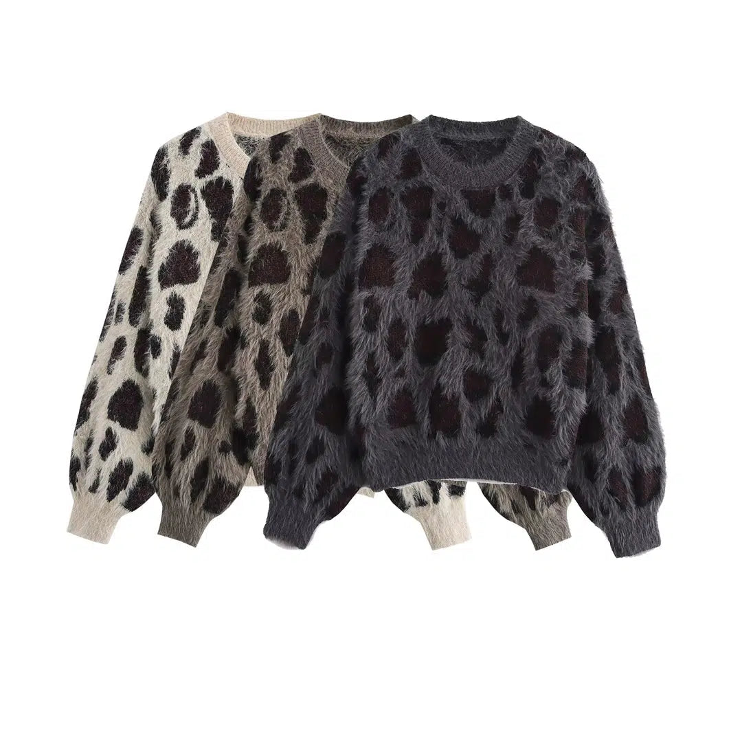 Cropped Sweaters for Modern Fashion -Leopard Print Knit Sweater