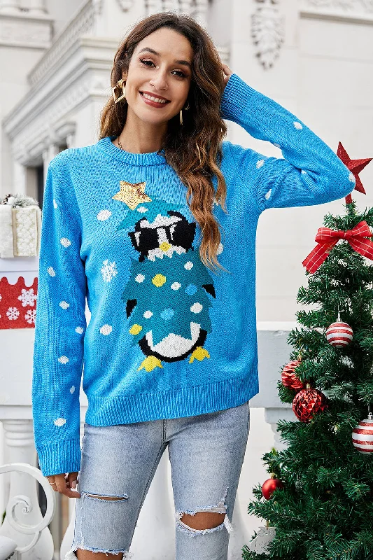 Anti - Pilling Sweaters for Long - Lasting -Christmas Blue Penguin Knitted Pullover Sweater