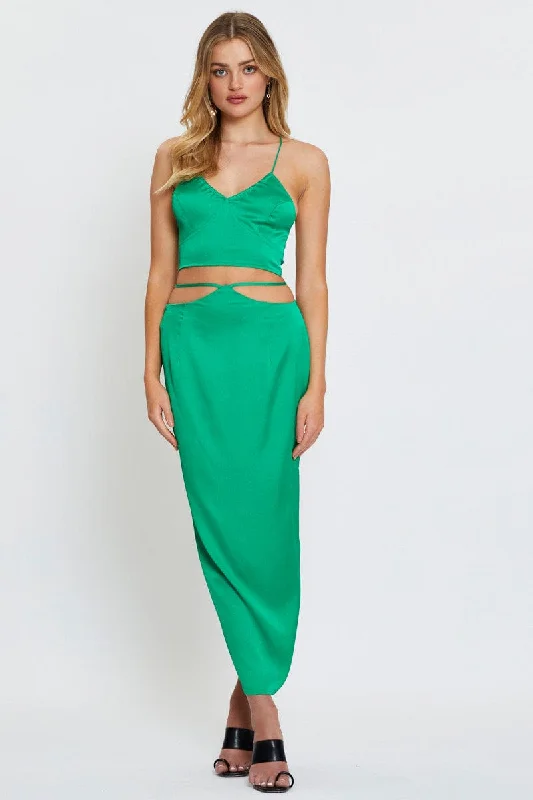 Patterned midi skirts for eye-catching style -Green Slip Skirt Maxi Satin