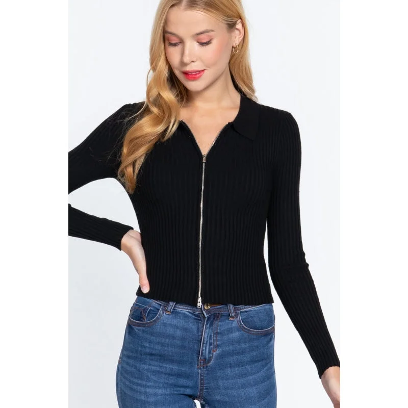 Knitted Sweaters for Traditional Style -Stylish Women's Black Notched Collar Long Sleeves Zippered Sweater