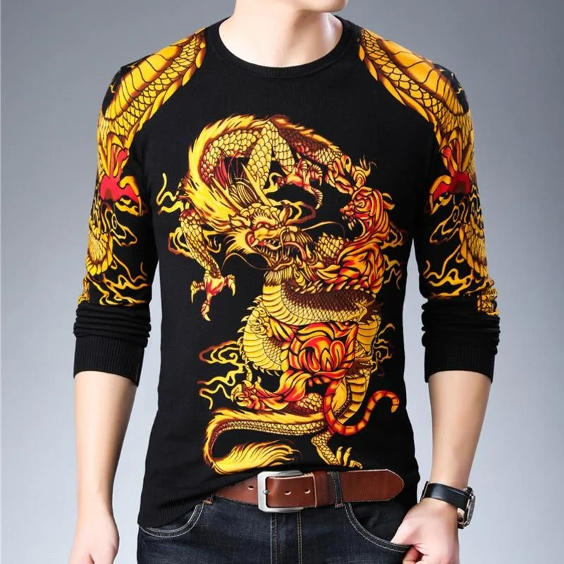 Modern - Design Sweaters for Trendy Fashion -England Style Men's Dragon Printed O-neck Slim Fit Pullover Sweater