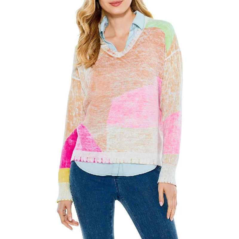 Ribbed Sweaters for Textured Look -Nic + Zoe Womens Mosaic Sunrise Cotton Printed Pullover Sweater