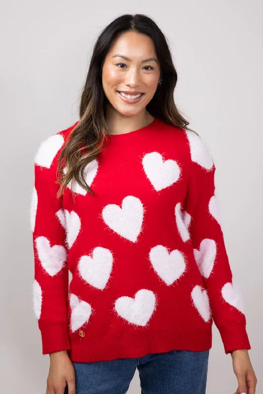 Non - Itchy Sweaters for Sensitive Skin -Simply Southern Fuzzy Heart Sweater for Women in Red | PP-0224-SWTR-FZY-VALRED