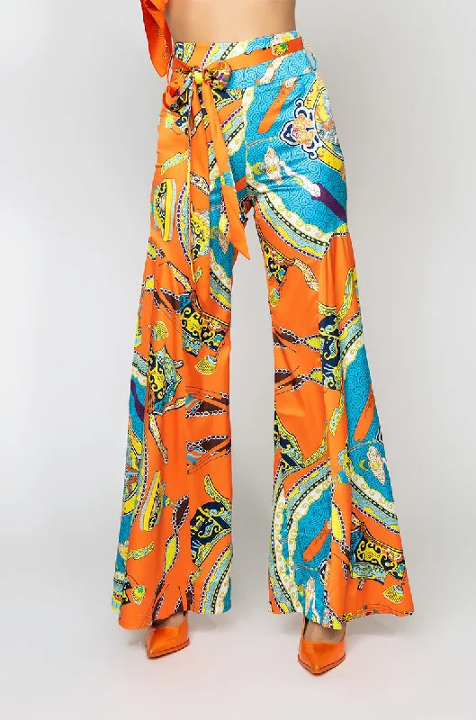 Black Wide Leg Pants for Versatile -FIERY FIESTA SATIN PRINTED WIDE LEG PANT ORANGE MULTI