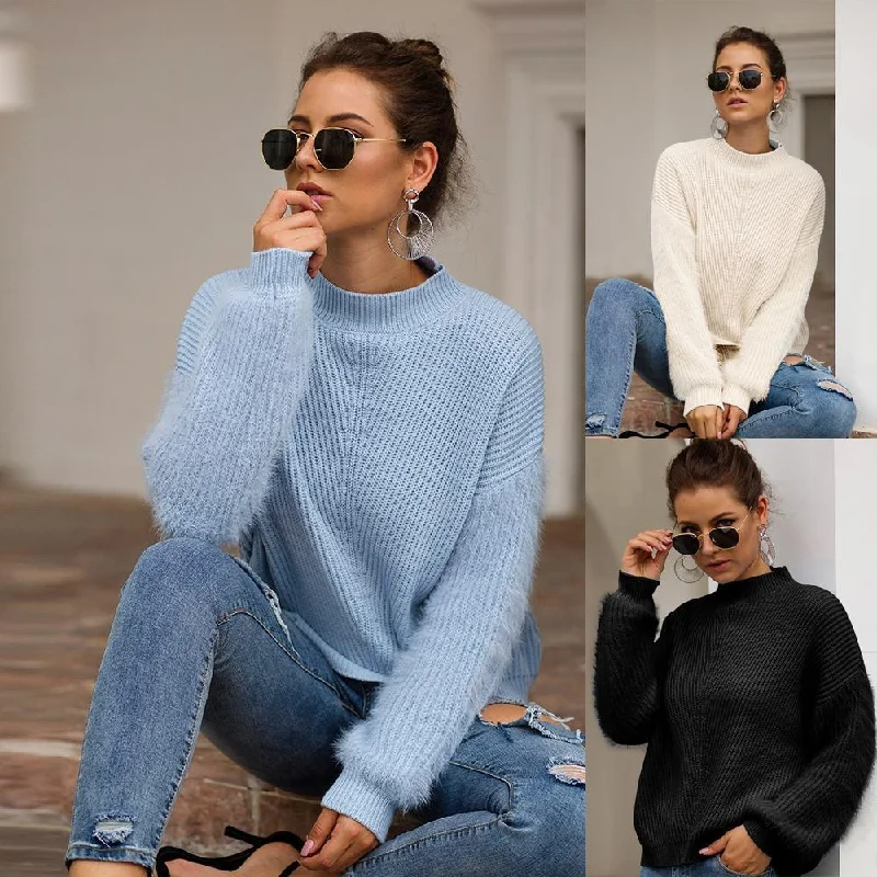 Regular - Fit Sweaters for Standard Size -Women's Casual Plush Pullover Loose Knitted Turtleneck Sweaters