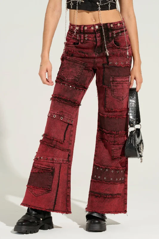 Wide Leg Pants for Graduation Ceremonies -GRUNGY ATTITUDE MINERAL WASH RED WIDE LEG DENIM