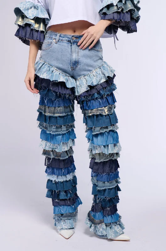 Black Wide Leg Pants for Versatile -WONDERLAND RUFFLED WIDE LEG DENIM JEAN