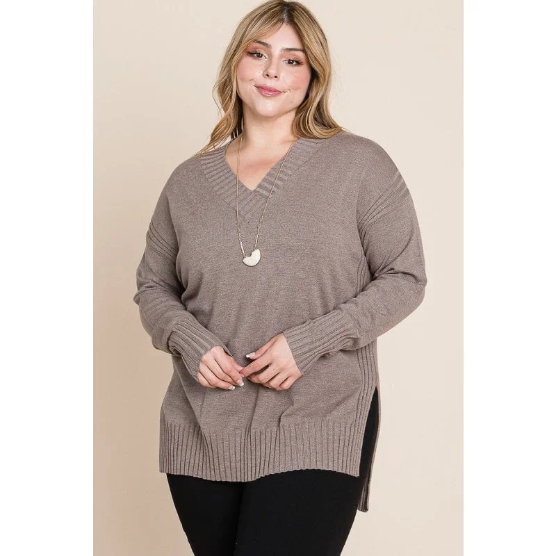 Wool Sweaters for Winter Warmth -Plus-size Solid Brown Color V Neck High Low Two Tone Ribbed Style Sweater