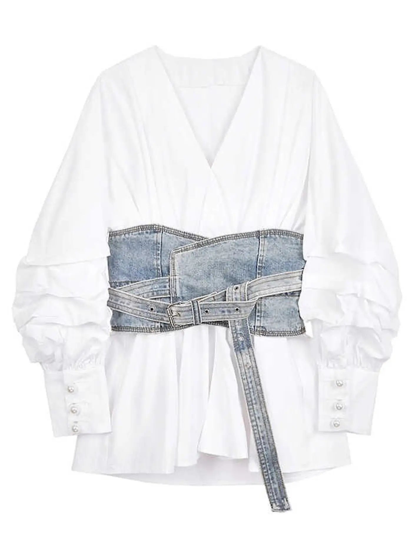 Zip Up Wide Leg Pants for Convenience -2 piece - White Shirt and Denim Wide Belt